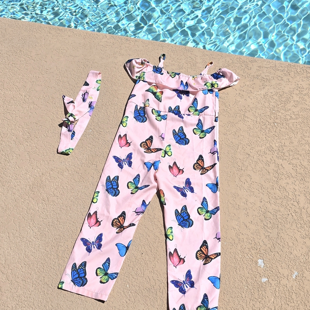 Pink Butterfly Print Sleevless Kids Jumpsuit